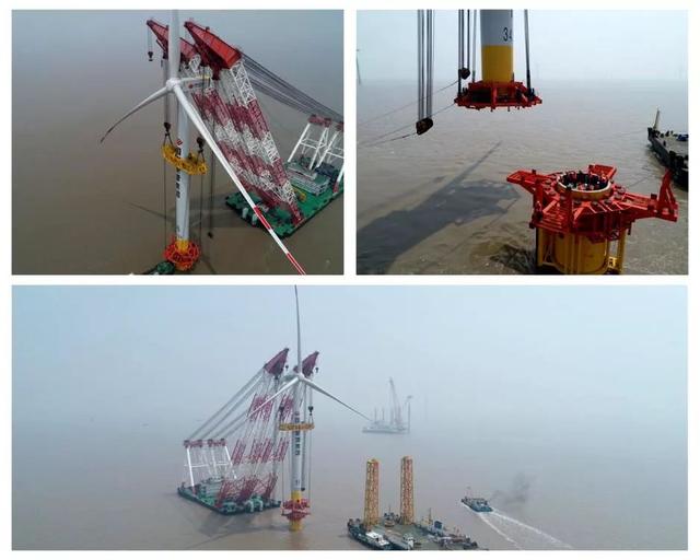 海上單樁基礎風電機組通過吊裝作業完成整體
